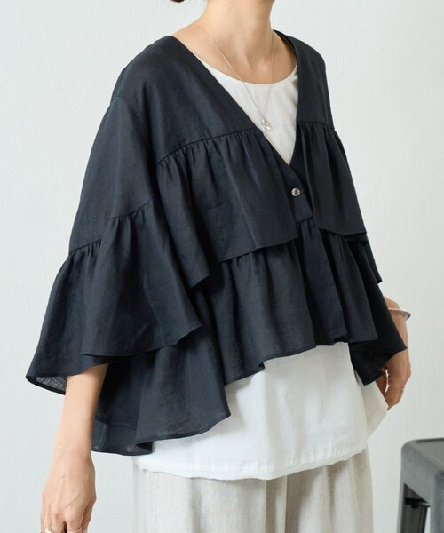 LIVETART（リヴェタート）の「リネンフリル羽織（その他アウター・レディース・ブラック/ベージュ・FREE）」の2枚目の写真