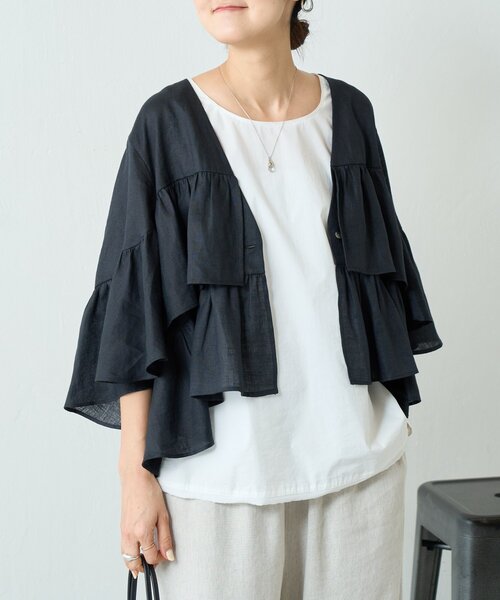 LIVETART（リヴェタート）の「リネンフリル羽織（その他アウター・レディース・ブラック/ベージュ・FREE）」の3枚目の写真