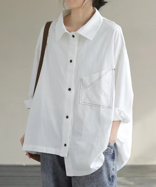 ONEP STAR(ワンピスター)の「配色ステッチ×変形ポケットデザインシャツ(シャツ/ブラウス・レディース・ブラック/ホワイト・MEDIUM/LARGE/X-LARGE)」の1枚目の写真