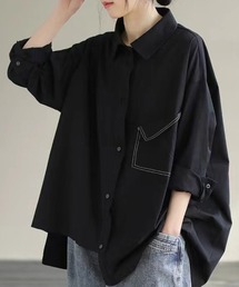 配色ステッチ×変形ポケットデザインシャツ