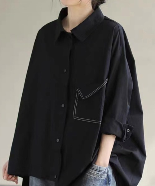 ONEP STAR(ワンピスター)の「配色ステッチ×変形ポケットデザインシャツ(シャツ/ブラウス・レディース・ブラック/ホワイト・MEDIUM/LARGE/X-LARGE)」の3枚目の写真