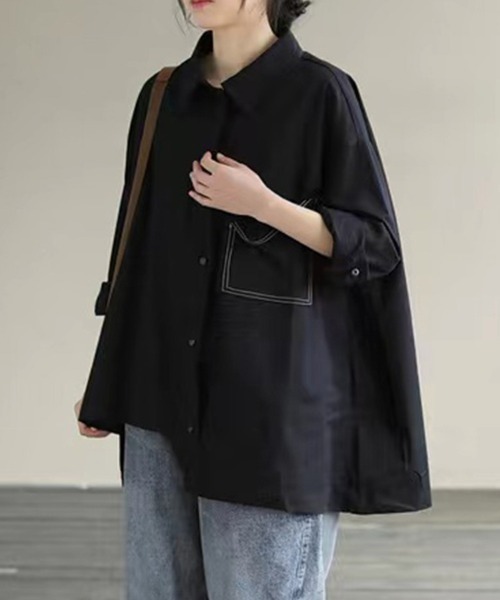 ONEP STAR(ワンピスター)の「配色ステッチ×変形ポケットデザインシャツ(シャツ/ブラウス・レディース・ブラック/ホワイト・MEDIUM/LARGE/X-LARGE)」の4枚目の写真