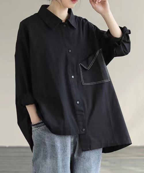 ONEP STAR(ワンピスター)の「配色ステッチ×変形ポケットデザインシャツ(シャツ/ブラウス・レディース・ブラック/ホワイト・MEDIUM/LARGE/X-LARGE)」の5枚目の写真