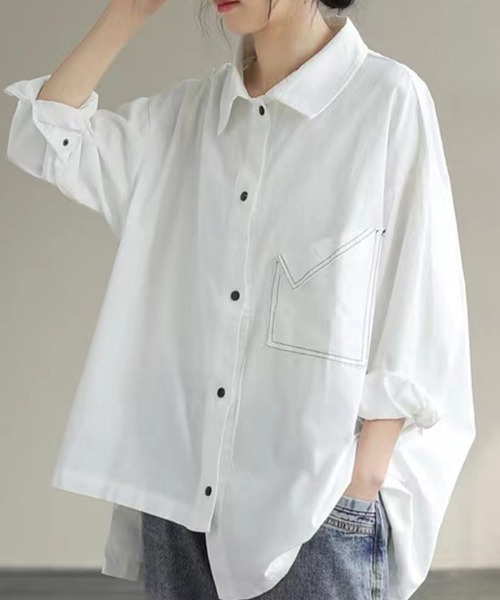 ONEP STAR(ワンピスター)の「配色ステッチ×変形ポケットデザインシャツ(シャツ/ブラウス・レディース・ブラック/ホワイト・MEDIUM/LARGE/X-LARGE)」の7枚目の写真