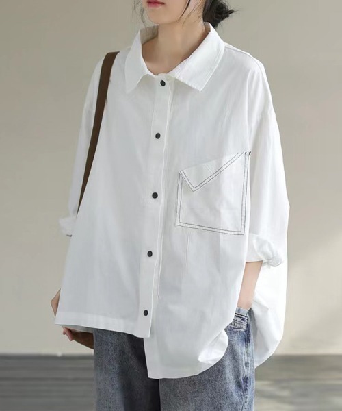 ONEP STAR(ワンピスター)の「配色ステッチ×変形ポケットデザインシャツ(シャツ/ブラウス・レディース・ブラック/ホワイト・MEDIUM/LARGE/X-LARGE)」の9枚目の写真
