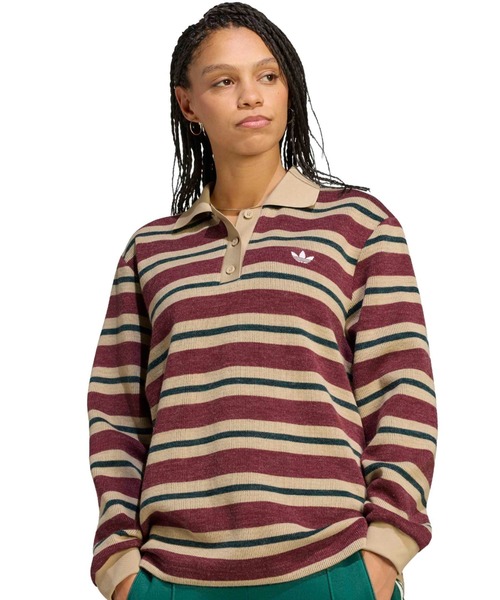 adidas(アディダス)の「adidas STRIPE KNITTED POLO / アディダス ストライプ ニット ポロ(ポロシャツ・レディース・レッド系その他・L/M/S)」の1枚目の写真