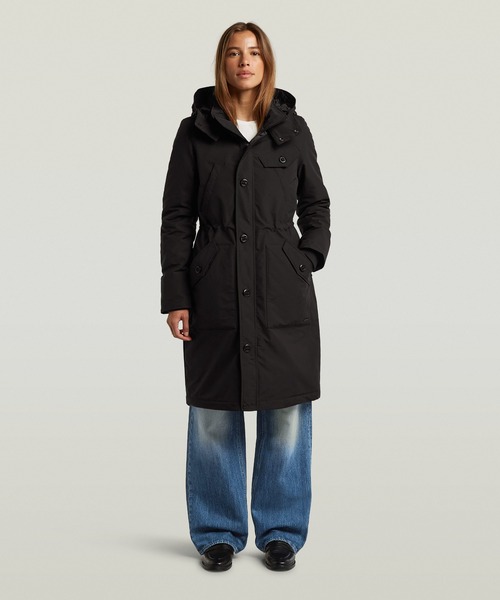 G-STAR(ジースター)の「Vodan Long Jacket/ミリタリーディテールロングフーデッド中綿ジャケット/コート(ダウンジャケット/コート・レディース・ベージュ系その他/ダークブラック・MEDIUM/X-SMALL/SMALL)」の1枚目の写真