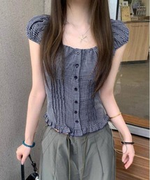 【Y2Kガーリー】 ギンガムチェック柄シャーリングパフスリーブブラウス