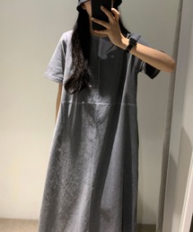 ステッチデザイン半袖ロングワンピース ゆったりカジュアルワンピース