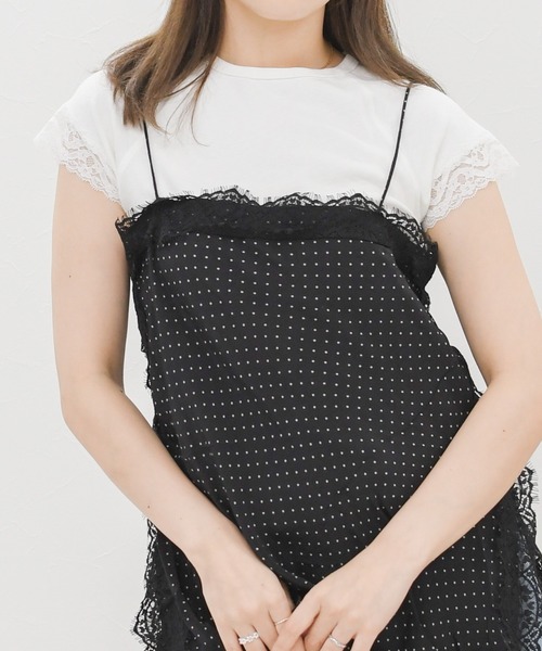 MISCH MASCH(ミッシュマッシュ)の「2026春夏新作 レーストリムフレンチスリーブ半袖トップス(Tシャツ/カットソー・レディース・ブラック/ホワイト・フリ-)」の1枚目の写真