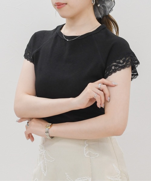 MISCH MASCH(ミッシュマッシュ)の「2026春夏新作 レーストリムフレンチスリーブ半袖トップス(Tシャツ/カットソー・レディース・ブラック/ホワイト・フリ-)」の6枚目の写真