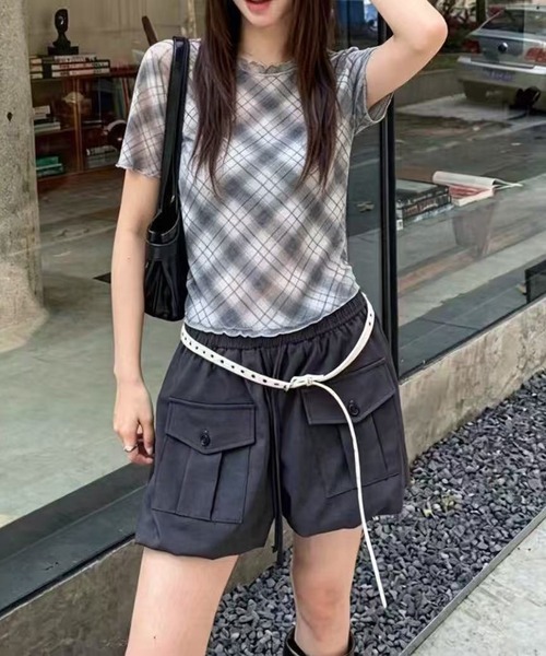 Chiina(チーナ)の「【Chiina】シアーチェック柄半袖トップス(Tシャツ/カットソー・レディース・ブルー/グレー/ブラック・FREE)」の5枚目の写真