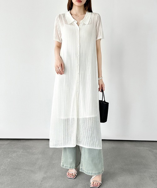 COCOMOMO（ココモモ）の「【インナーキャミワンピースSET】 透かし編みメッシュワンピース 透かし編み ニット 半袖 メッシュ ワンピース ロング サマーニット ロングワンピース ポロ襟 インナーワンピース キャミソール セット レイヤード 夏ワンピース 夏服（ワンピース・レディース・ダークグリーン/ホワイト/ベージュ・FREE）」の5枚目の写真