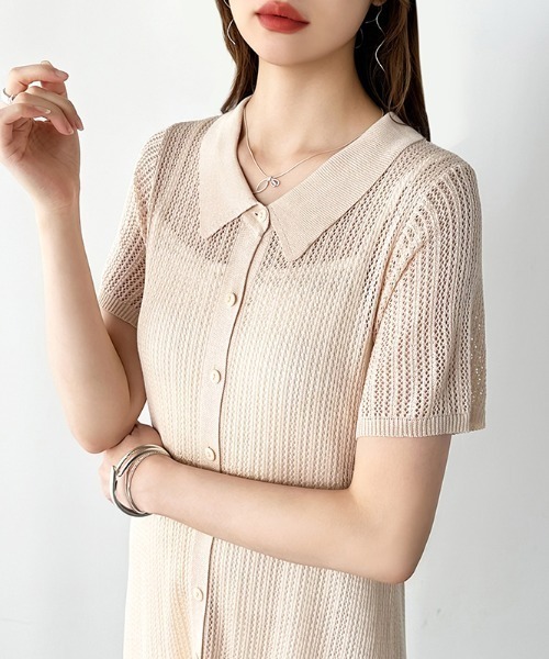 COCOMOMO（ココモモ）の「【インナーキャミワンピースSET】 透かし編みメッシュワンピース 透かし編み ニット 半袖 メッシュ ワンピース ロング サマーニット ロングワンピース ポロ襟 インナーワンピース キャミソール セット レイヤード 夏ワンピース 夏服（ワンピース・レディース・ダークグリーン/ホワイト/ベージュ・FREE）」の21枚目の写真