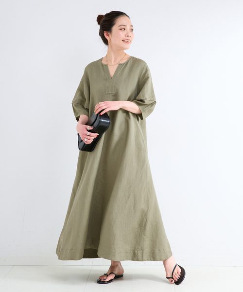 B.C STOCK(ベーセーストック)の「《追加5》手洗い可 / リネンレーヨンコクーンスリーブワンピース(ワンピース・レディース・カーキ/ブラック/ブラウン・FREE)」の4枚目の写真