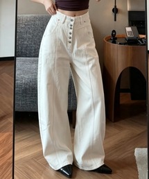 前多ボタン ラインステッチワイドデニムパンツ