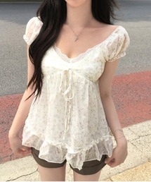 夏 軽量 花柄 パフスリーブ トップス