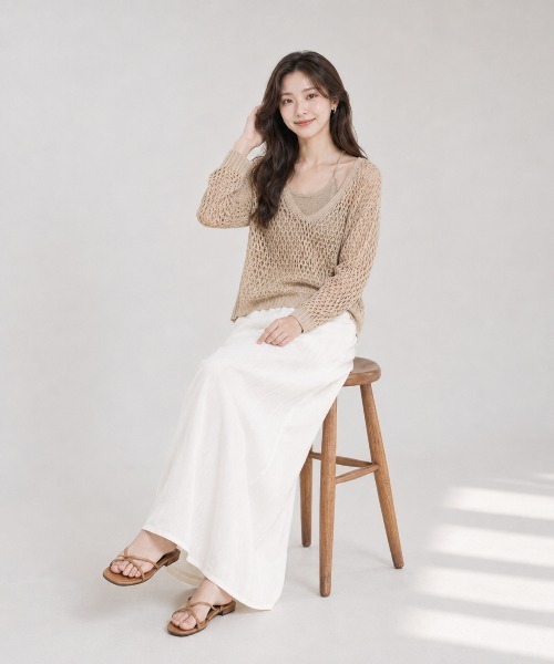 KONVINI(コンビニ)の「【KONVINI select】メッシュ編み シアーニットトップス 透かし編み レイヤードニット(ニット/セーター・レディース・ブラック/ブラウン/イエロー/ベージュ・FREE)」の4枚目の写真