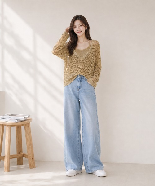 KONVINI(コンビニ)の「【KONVINI select】メッシュ編み シアーニットトップス 透かし編み レイヤードニット(ニット/セーター・レディース・ブラック/ブラウン/イエロー/ベージュ・FREE)」の1枚目の写真
