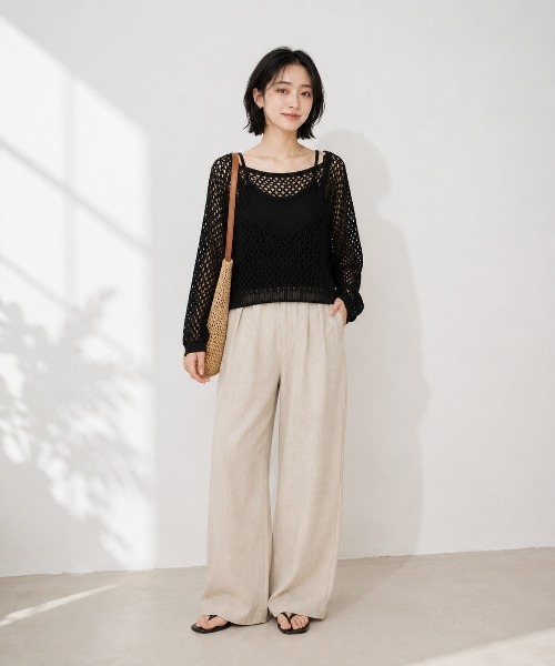 KONVINI(コンビニ)の「【KONVINI select】メッシュ編み シアーニットトップス 透かし編み レイヤードニット(ニット/セーター・レディース・ブラック/ブラウン/イエロー/ベージュ・FREE)」の2枚目の写真