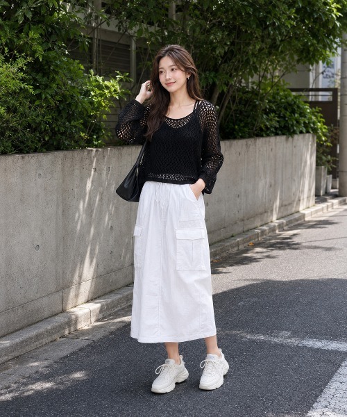 KONVINI(コンビニ)の「【KONVINI select】メッシュ編み シアーニットトップス 透かし編み レイヤードニット(ニット/セーター・レディース・ブラック/ブラウン/イエロー/ベージュ・FREE)」の16枚目の写真