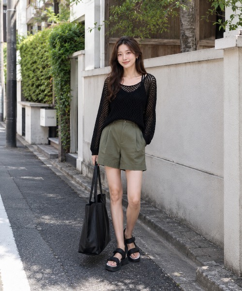 KONVINI(コンビニ)の「【KONVINI select】メッシュ編み シアーニットトップス 透かし編み レイヤードニット(ニット/セーター・レディース・ブラック/ブラウン/イエロー/ベージュ・FREE)」の21枚目の写真