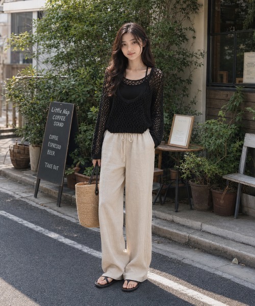 KONVINI(コンビニ)の「【KONVINI select】メッシュ編み シアーニットトップス 透かし編み レイヤードニット(ニット/セーター・レディース・ブラック/ブラウン/イエロー/ベージュ・FREE)」の12枚目の写真