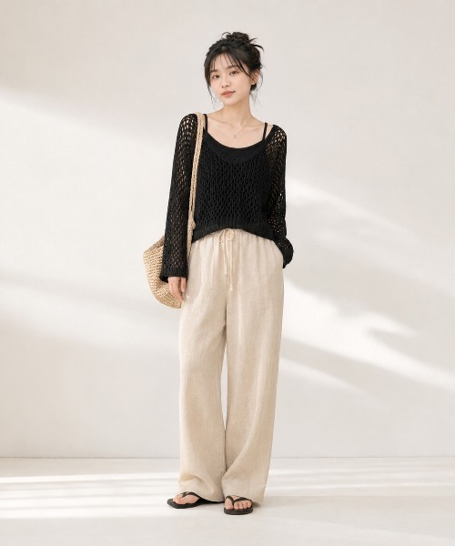 KONVINI(コンビニ)の「【KONVINI select】メッシュ編み シアーニットトップス 透かし編み レイヤードニット(ニット/セーター・レディース・ブラック/ブラウン/イエロー/ベージュ・FREE)」の11枚目の写真