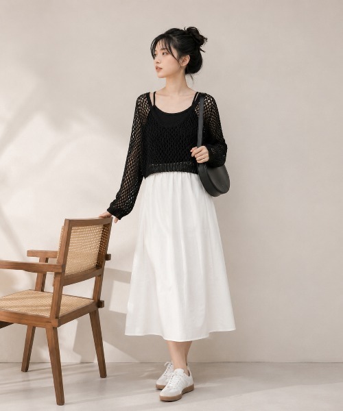 KONVINI(コンビニ)の「【KONVINI select】メッシュ編み シアーニットトップス 透かし編み レイヤードニット(ニット/セーター・レディース・ブラック/ブラウン/イエロー/ベージュ・FREE)」の5枚目の写真