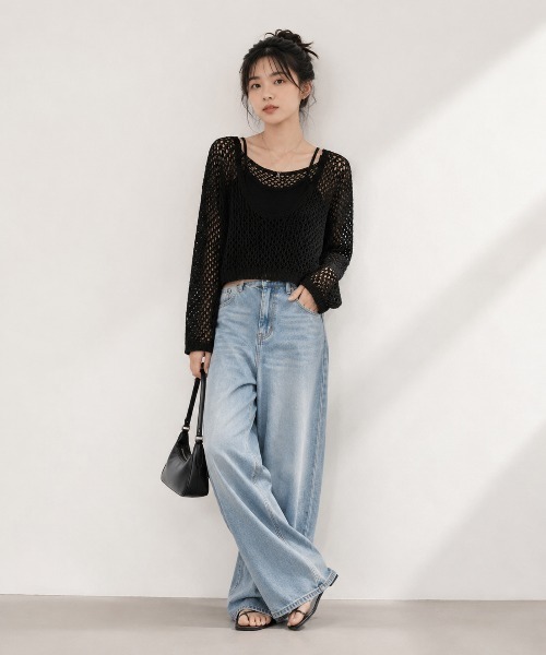 KONVINI(コンビニ)の「【KONVINI select】メッシュ編み シアーニットトップス 透かし編み レイヤードニット(ニット/セーター・レディース・ブラック/ブラウン/イエロー/ベージュ・FREE)」の6枚目の写真