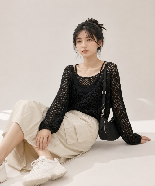 KONVINI(コンビニ)の「【KONVINI select】メッシュ編み シアーニットトップス 透かし編み レイヤードニット(ニット/セーター・レディース・ブラック/ブラウン/イエロー/ベージュ・FREE)」の18枚目の写真