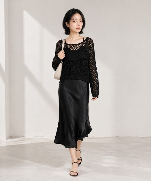 KONVINI(コンビニ)の「【KONVINI select】メッシュ編み シアーニットトップス 透かし編み レイヤードニット(ニット/セーター・レディース・ブラック/ブラウン/イエロー/ベージュ・FREE)」の17枚目の写真