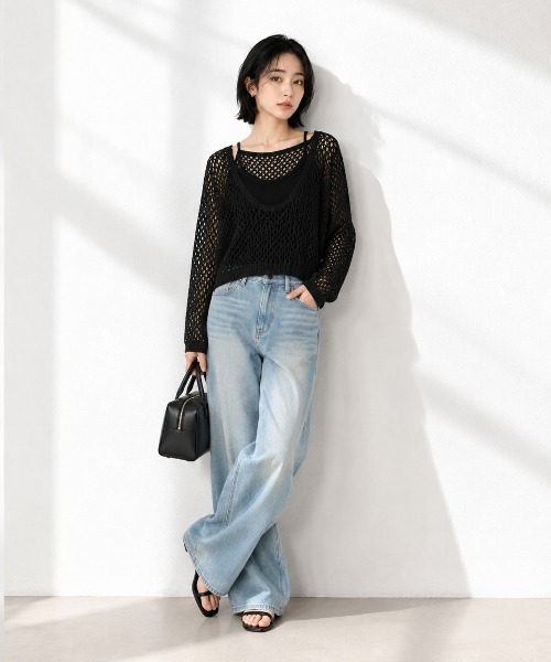 KONVINI(コンビニ)の「【KONVINI select】メッシュ編み シアーニットトップス 透かし編み レイヤードニット(ニット/セーター・レディース・ブラック/ブラウン/イエロー/ベージュ・FREE)」の9枚目の写真