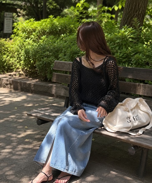 KONVINI(コンビニ)の「【KONVINI select】メッシュ編み シアーニットトップス 透かし編み レイヤードニット(ニット/セーター・レディース・ブラック/ブラウン/イエロー/ベージュ・FREE)」の8枚目の写真