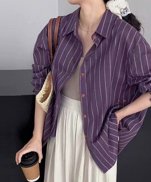 ONEP STAR(ワンピスター)の「ストライプ切り替え変形デザインシャツ(シャツ/ブラウス・レディース・パープル・MEDIUM/LARGE/X-LARGE)」の15枚目の写真