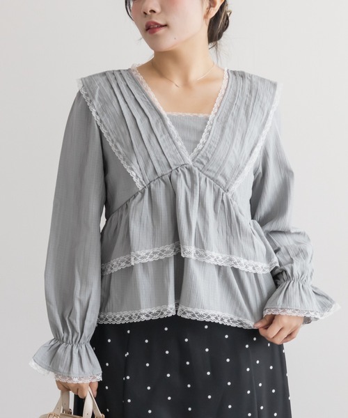 CLETTE（クレット）の「レースフリルティアードブラウス（シャツ/ブラウス・レディース・ブラウン/サックスブルー/アイボリー・LL/3L/4L）」の12枚目の写真