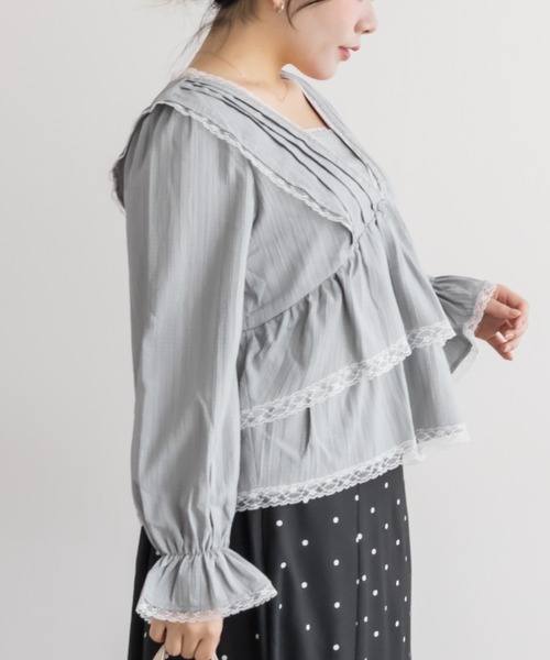 CLETTE（クレット）の「レースフリルティアードブラウス（シャツ/ブラウス・レディース・ブラウン/サックスブルー/アイボリー・LL/3L/4L）」の13枚目の写真