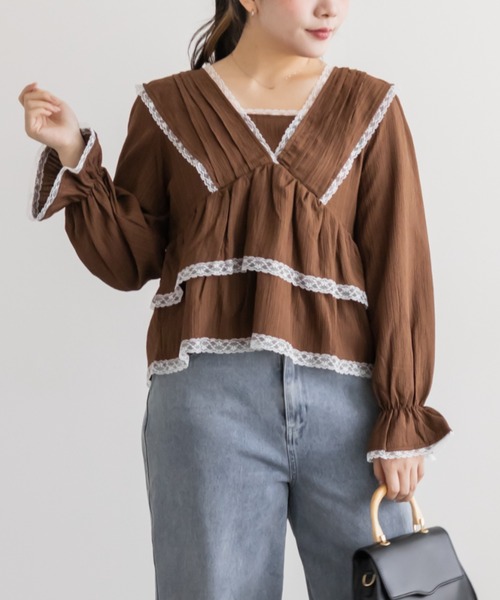 CLETTE（クレット）の「レースフリルティアードブラウス（シャツ/ブラウス・レディース・ブラウン/サックスブルー/アイボリー・LL/3L/4L）」の8枚目の写真