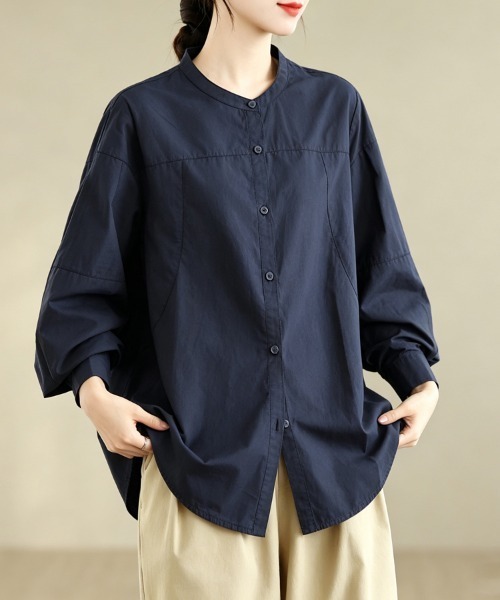 ONEP STAR（ワンピスター）の「バンドカラーギャザー切り替え長袖ブラウス（シャツ/ブラウス・レディース・ダークブラウン/ネイビー・LARGE/X-LARGE）」の7枚目の写真