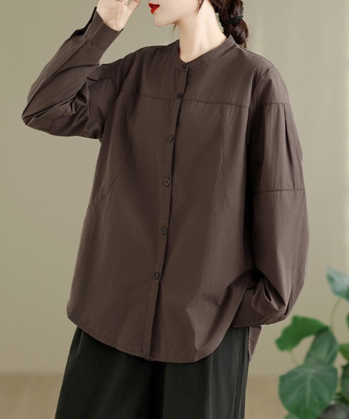 ONEP STAR（ワンピスター）の「バンドカラーギャザー切り替え長袖ブラウス（シャツ/ブラウス・レディース・ダークブラウン/ネイビー・LARGE/X-LARGE）」の9枚目の写真