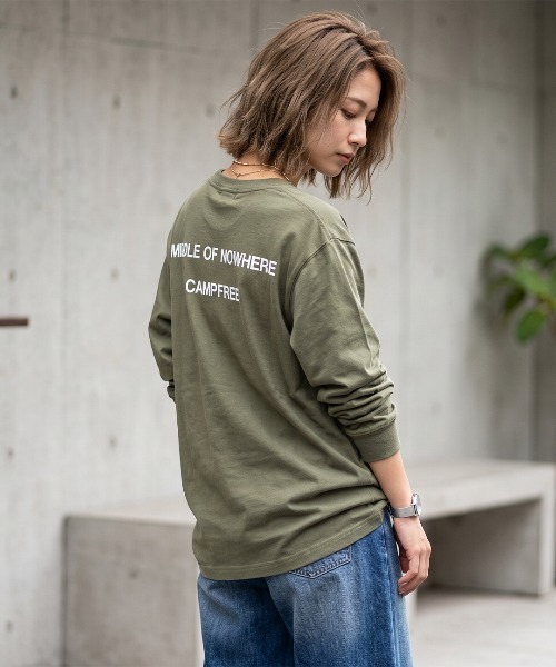 CAMPFREE（キャンプフリー）の「[キャンプフリー] CAMPFREE バックプリント ロングスリーブTシャツ（Tシャツ/カットソー・メンズ・ネイビー/ブラック/ホワイト/グレー/スモーキーグリーン系/サンドベージュ/ピンク/ライトパープル/ライトオリーブ・XXL/S/XL/L/M）」の5枚目の写真