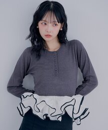 【SALON  by Chico】バイカラーフリルヘンリーペプラムニット