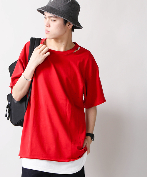 WEGO（ウィゴー）の「WEGO/ダメージ加工カットソー（Tシャツ/カットソー・メンズ・レッド/ホワイト/ターコイズブルー/ブラック・MEDIUM/LARGE）」の4枚目の写真