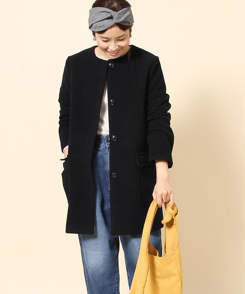 coen（コーエン）の「ライトメルトンノーカラーコート（その他アウター・レディース・ベージュ/ネイビー・LARGE/MEDIUM）」の2枚目の写真