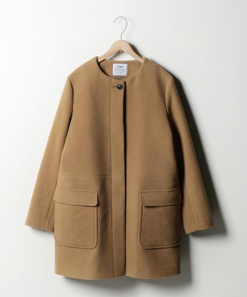 coen（コーエン）の「ライトメルトンノーカラーコート（その他アウター・レディース・ベージュ/ネイビー・LARGE/MEDIUM）」の13枚目の写真
