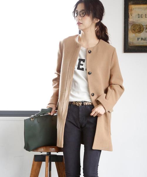 coen（コーエン）の「ライトメルトンノーカラーコート（その他アウター・レディース・ベージュ/ネイビー・LARGE/MEDIUM）」の17枚目の写真
