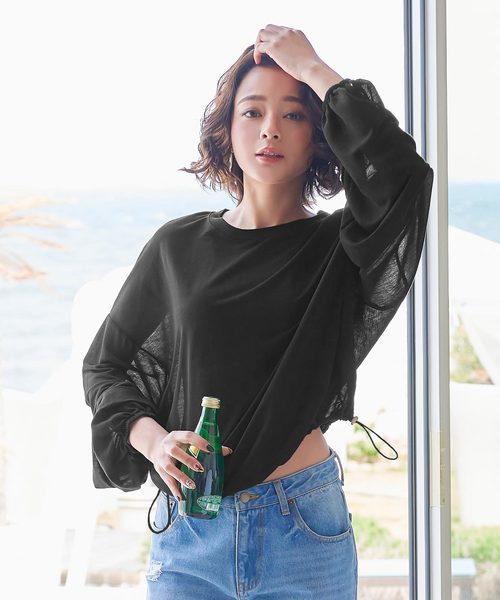 KOBE LETTUCE(コウベレタス)の「ドロストコード付きドルマンスリーブシアートップス(Tシャツ/カットソー・レディース・オレンジ/オフホワイト/ブラック/カーキ・FREE)」の3枚目の写真