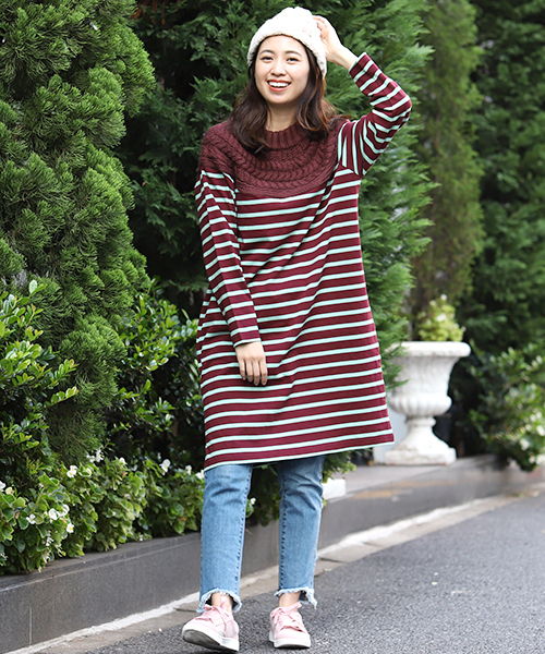 チチカカ（チチカカ）の「ケーブルニットｘボーダー ワンピース（ワンピース・レディース・ネイビー/ボルドー/アイボリー・FREE）」の9枚目の写真