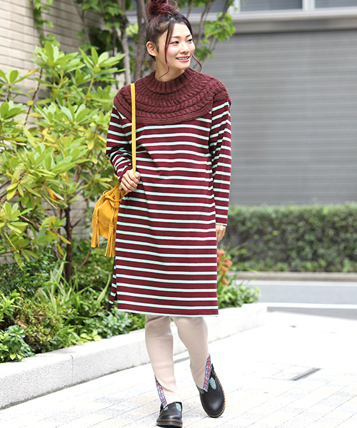 チチカカ（チチカカ）の「ケーブルニットｘボーダー ワンピース（ワンピース・レディース・ネイビー/ボルドー/アイボリー・FREE）」の11枚目の写真