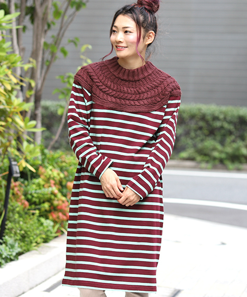 チチカカ（チチカカ）の「ケーブルニットｘボーダー ワンピース（ワンピース・レディース・ネイビー/ボルドー/アイボリー・FREE）」の12枚目の写真